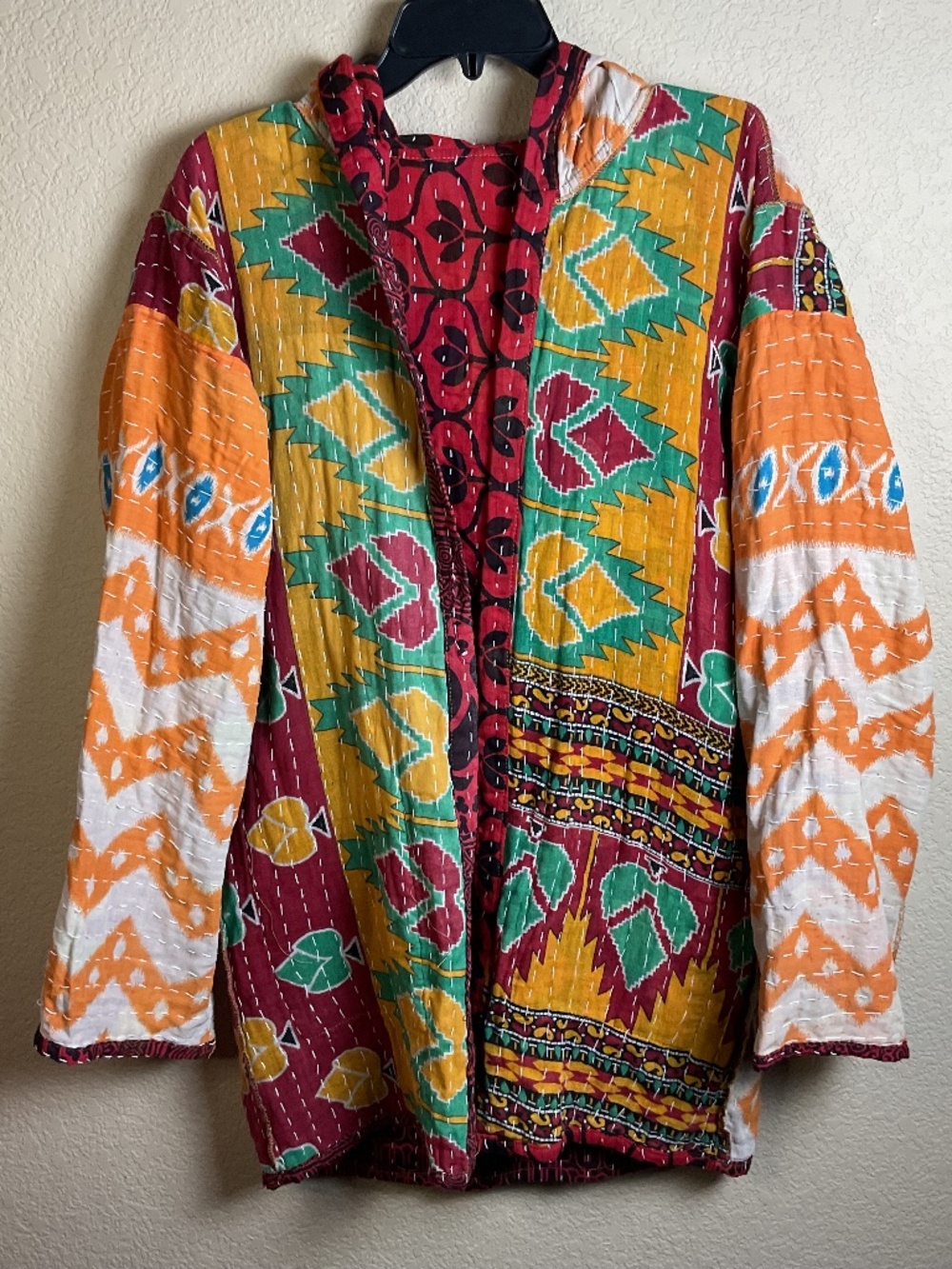 Reversible Kantha Quilted Jacket XL Boho Cottagecore Artisan Patchwork Cotton